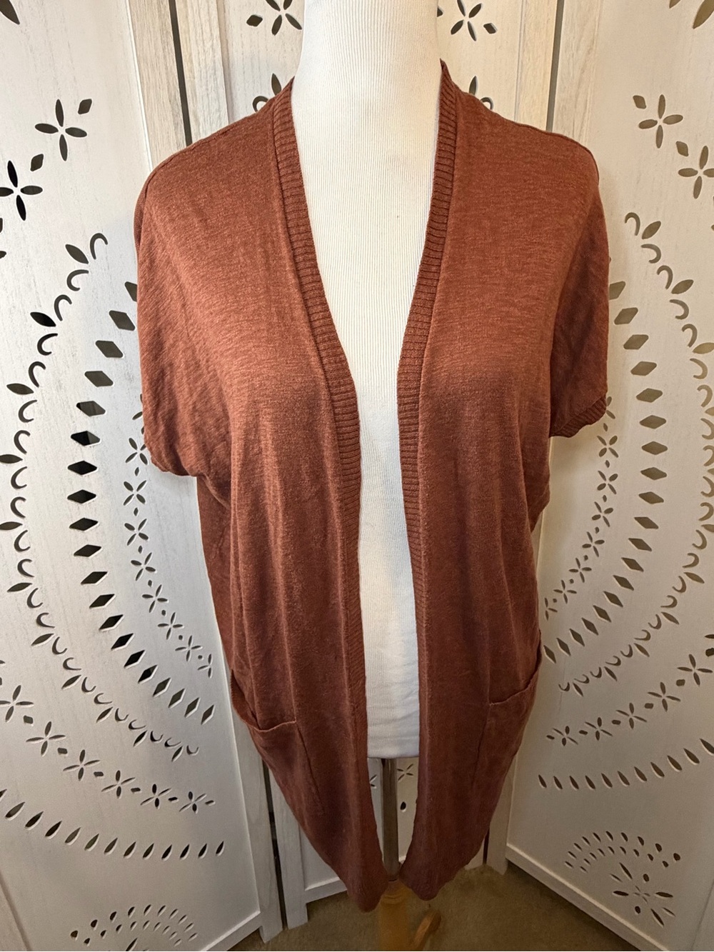 Rust Open-Front Short-Sleeve Women's Sweater Cardigan Kimono